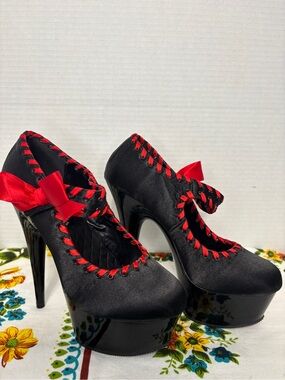 Pleaser Women’s 6 Black & Red Satin Platform Mary Jane Heels Party Costume Shoes